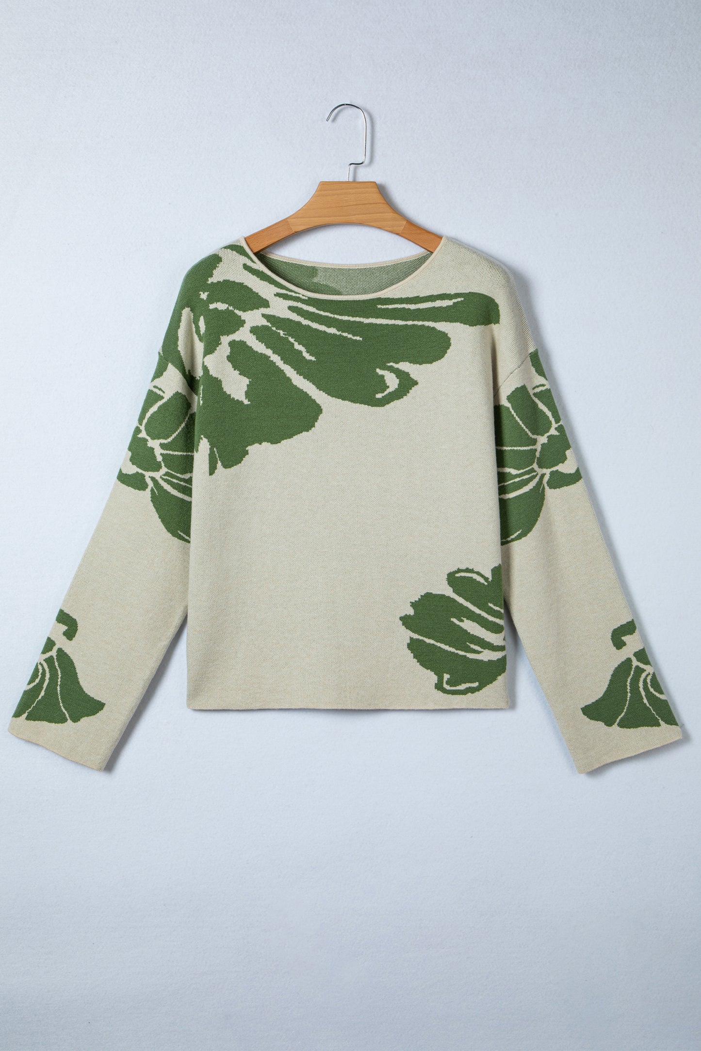 Green Bold Flower Pattern Wide Sleeve Baggy Sweater