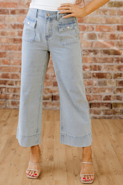 Sky Blue Stripe Button Flap Pocket Cuffed Hem Wide Leg Jeans