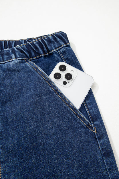 Prussian Blue Drawstring Seam Detail Raw Hem Wide Leg Denim Pants