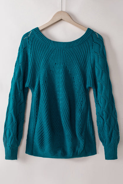 Blue Hollow-out Puffy Sleeve Knit Sweater