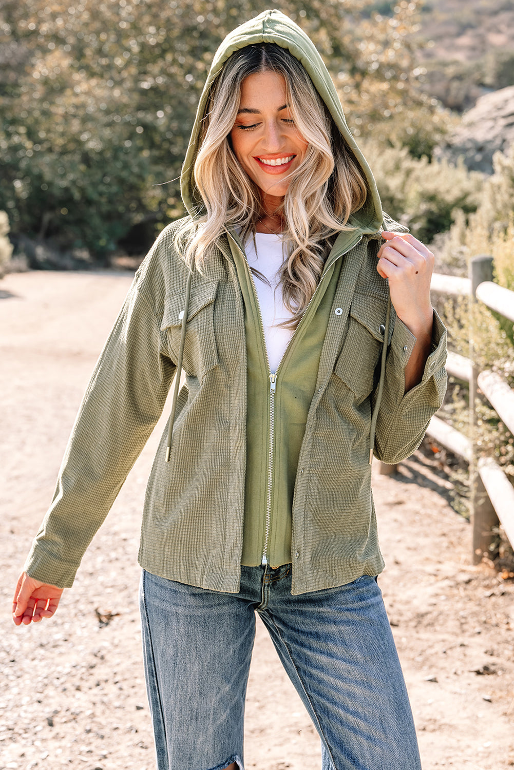 Laurel Green 2 in 1 Thermal Knit Textured Hooded Jacket