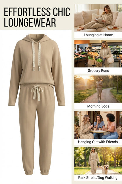 Jet Stream Lace Drawstring Pullover Hoodie and High Waist Pants Corduroy Suit
