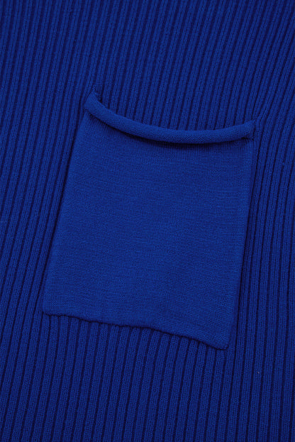 Dark Blue Patch Pocket Ribbed Knit Short Sleeve Sweater