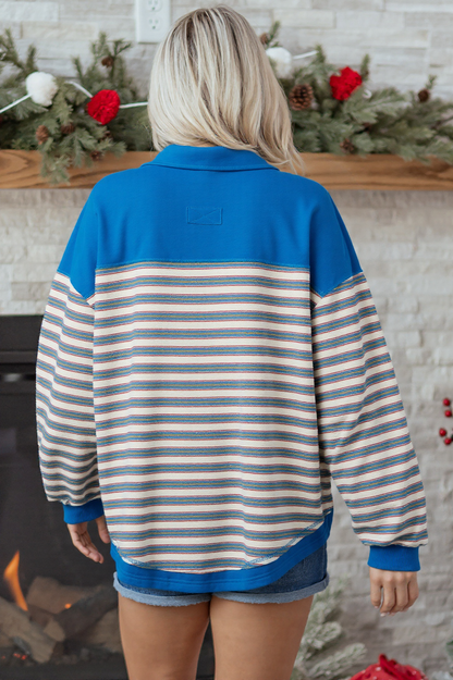 Blue Stripe Buttoned V Neck Collared Drop Shoulder Top