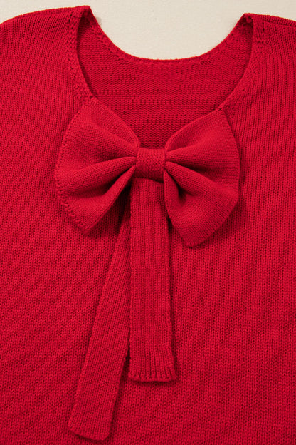 Fiery Red Festive Bow Backless Bubble Sleeve Sweater