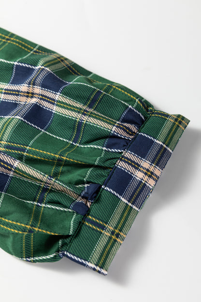 Green Plus Size Plaid Long Sleeve Notched Neck Shift Mini Dress