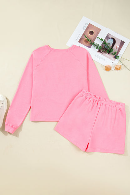 Sachet Pink Plaid Contrasted Double Christmas Tree Patched Raglan Sleeve Pullover 2pcs Short Set