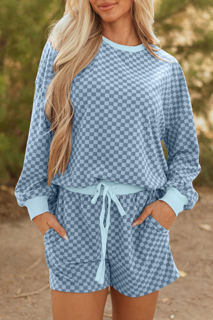 Sky Blue Checkerboard Long Sleeve Pullover and Shorts Set
