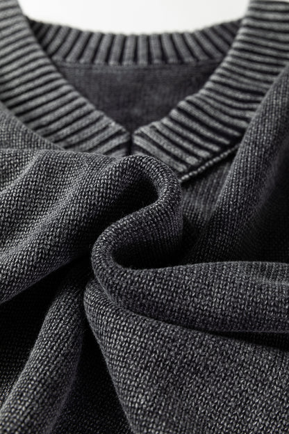 Black Mineral Wash V Neck Knit Exposed Seam Drop Shoulder Loose Sweater