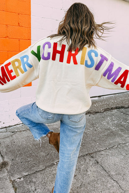 White HOHOHO MERRY CHRISTMAS Chenille Graphic Drop Shoulder Holiday Sweater