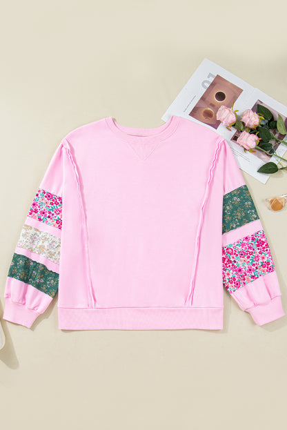 Pink Plus Size Mix Floral Patched Sleeve Ribbed Trim Baggy Sweatshirt