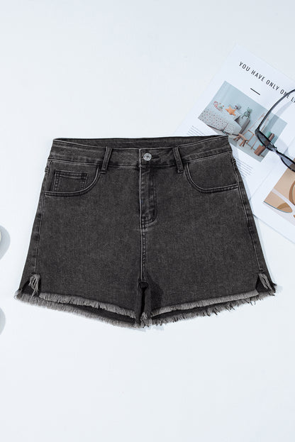 Carbon Grey Raw Hem High Waist Denim Shorts