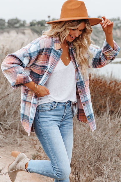 Pink Plaid Flap Pockets Shacket