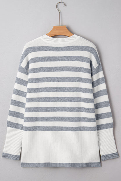 Gray Stripe Ribbed Buttoned Detail Drop Shoulder Tunic Sweater