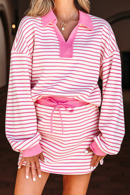 Pink Stripe Collared V Neck Drop Shoulder Pullover and Skort 2pcs Outfit