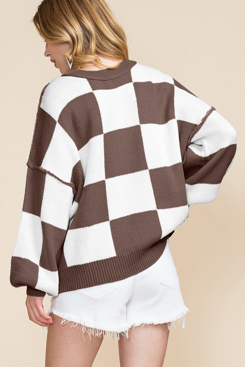 Dark Brown Checkered Bishop Sleeve Sweater