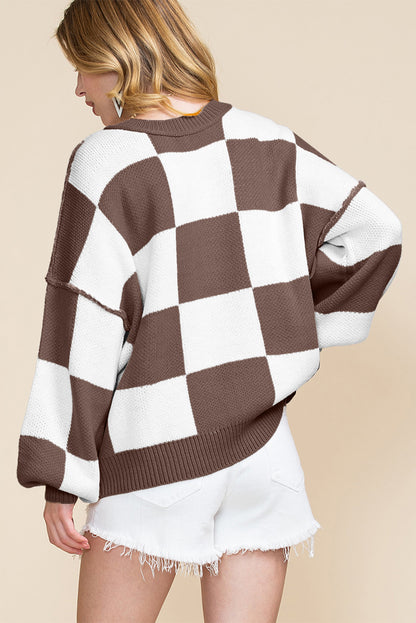 Dark Brown Checkered Bishop Sleeve Sweater