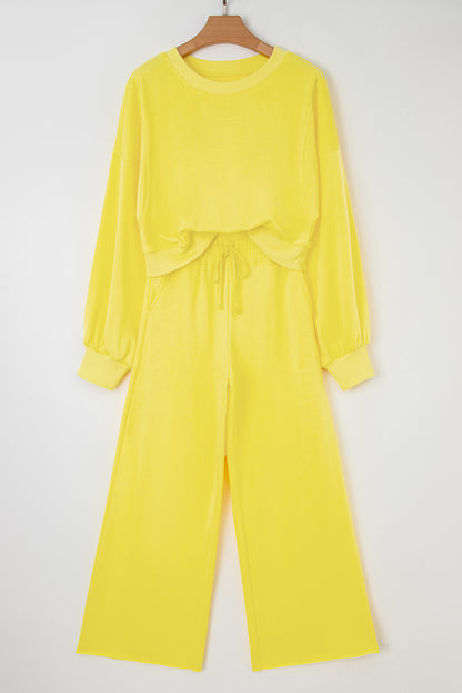Yellow Cream Drop Shoulder Puff Sleeve Crop Pullover Drawstring Wide Leg Pants Set