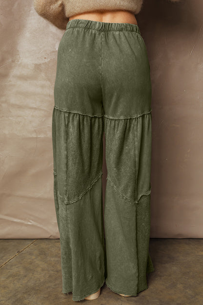Vineyard Green Mineral Wash Tiered Wide Leg Patchwork Drawstring Pants