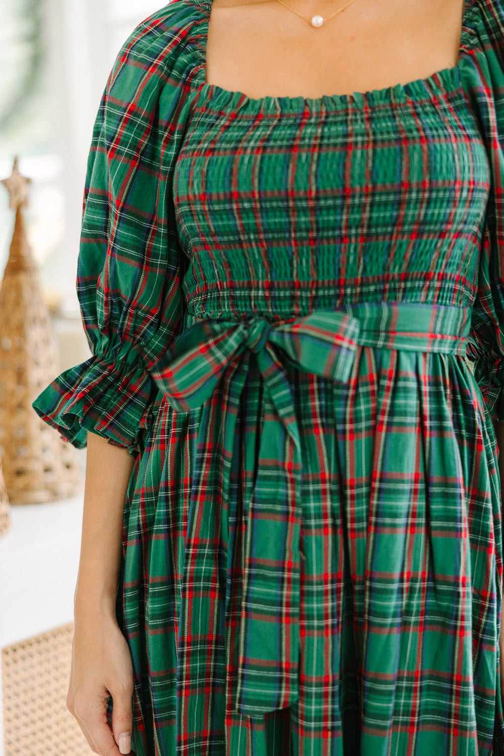 Green Tartan Plaid Square Neck Puff Sleeve Knot Waist Flared Midi Dress