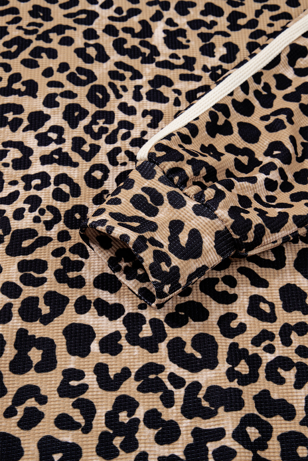 Leopard Print Waffle Contrast Kangaroo Pocket Hooded Sweatshirt