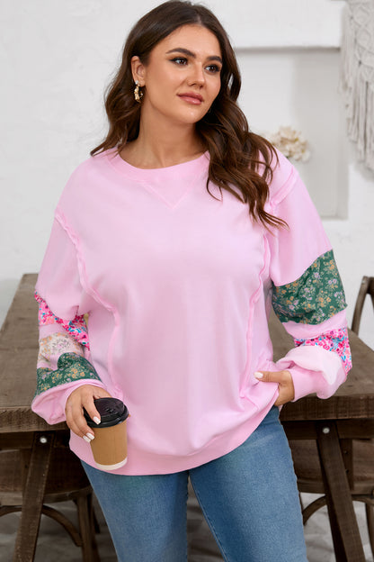 Pink Plus Size Mix Floral Patched Sleeve Ribbed Trim Baggy Sweatshirt