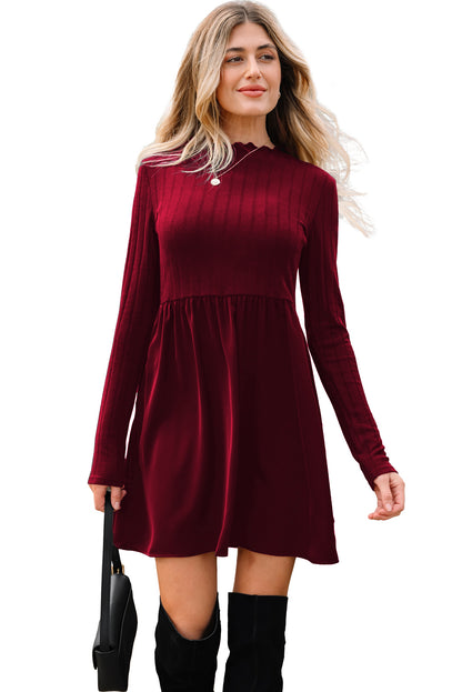 Red Dahlia Frilled Neck Ribbed Knit Patchwork Long Sleeve Mini Dress