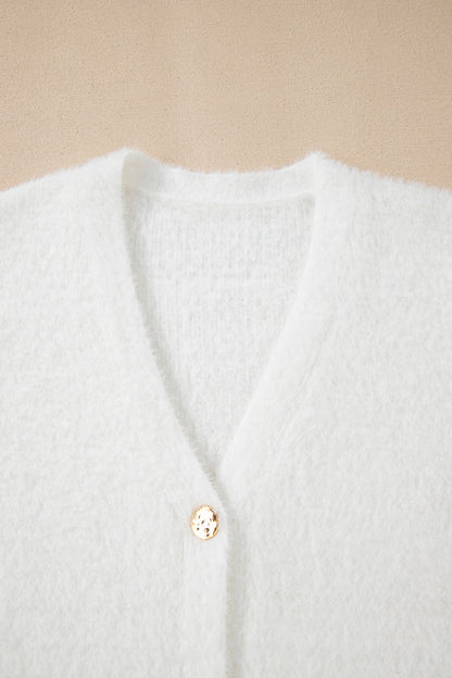 White Fuzzy Buttoned Front Midi Solid Cardigan