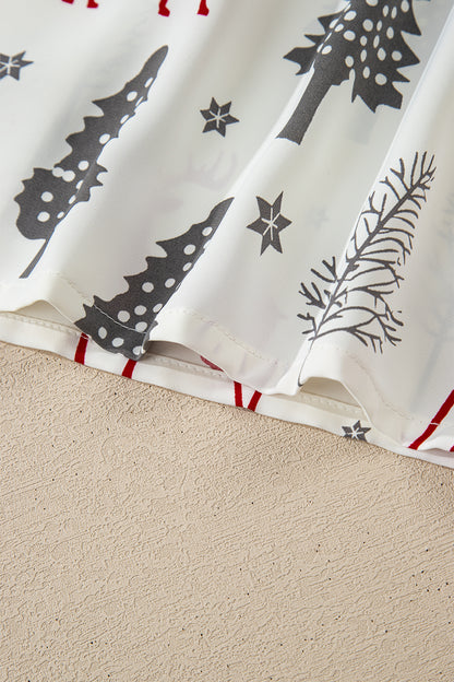 White Christmas Fashion Print Velvet Trim Bow Knot Pajama 2pcs Short Set