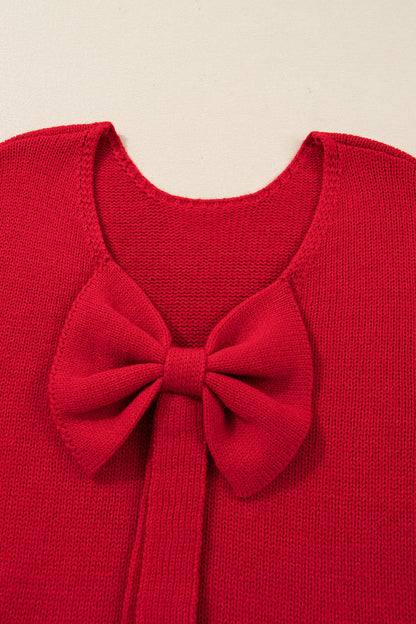 Fiery Red Festive Bow Backless Bubble Sleeve Sweater