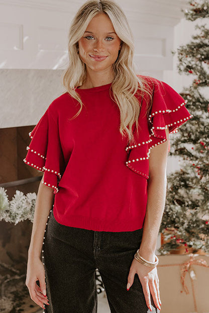 Racing Red Pearl Embellished Double Ruffle Short Sleeve Sweater