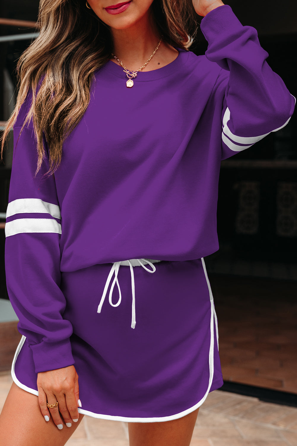 Tillandsia Purple Varsity Stripe Detail Drop Shoulder Pullover Mini Skirt Set