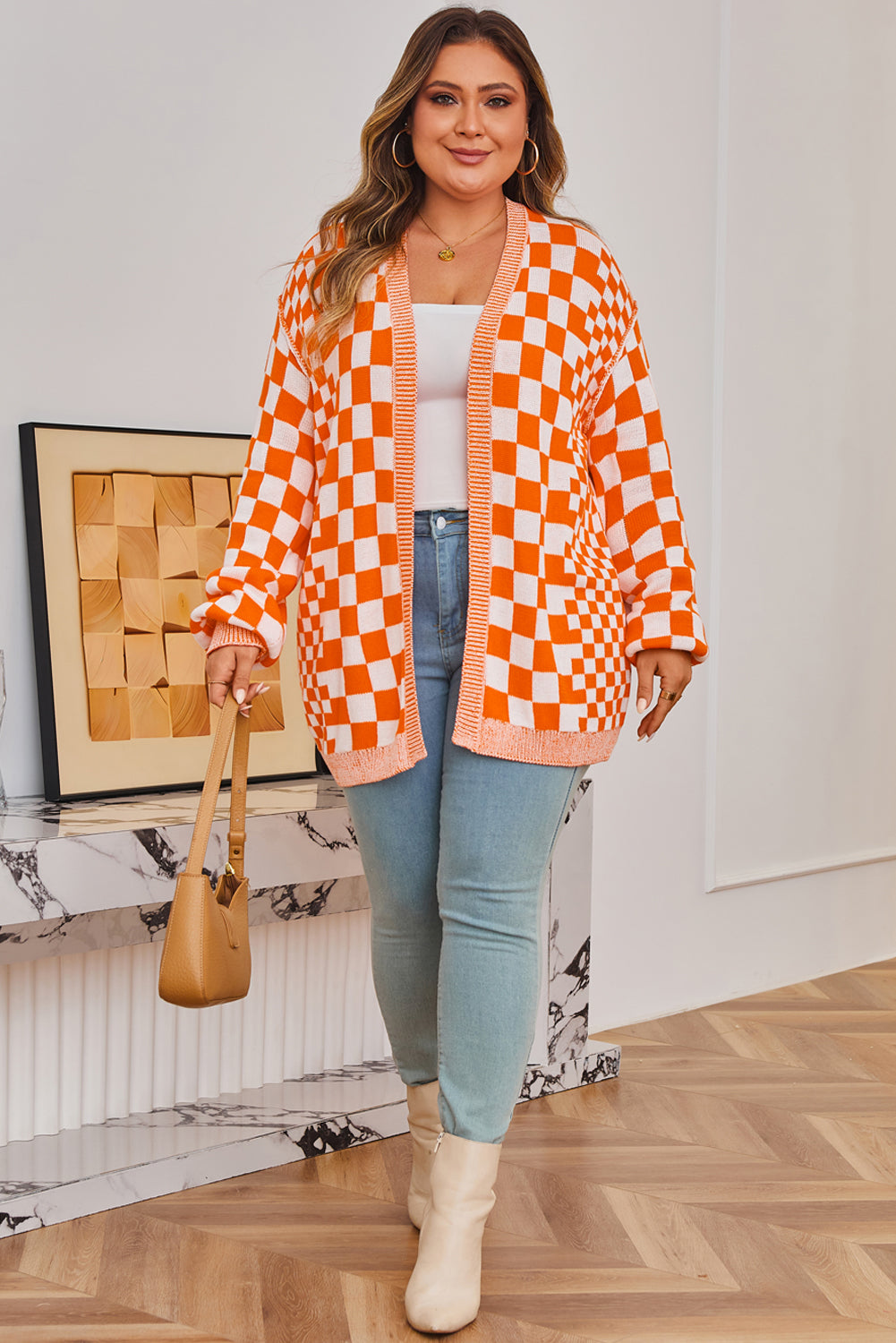 Orange Plus Size Checkered Bubble Sleeve Drop Shoulder Open Cardigan