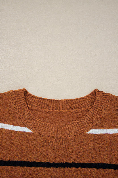 Brown Stripe Striped Ribbed Edge Drop Shoulder Sweater