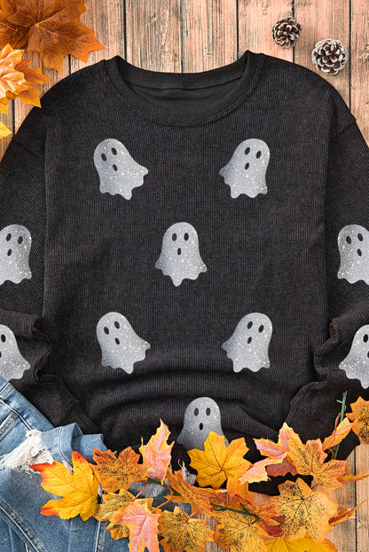 Black Halloween Ghost Corded Crew Neck Loose Sweatshirt