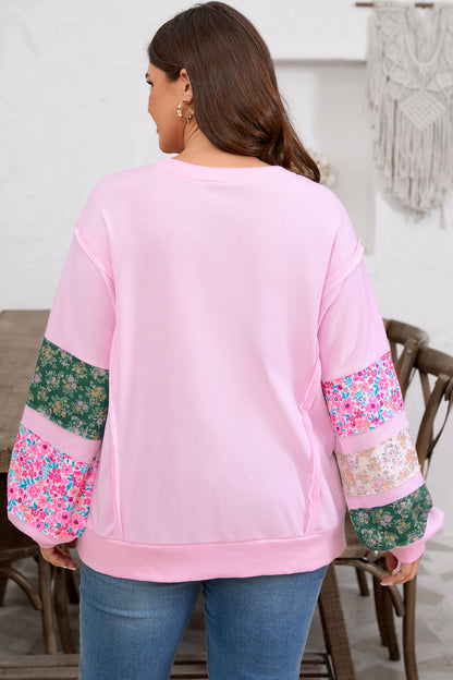 Pink Plus Size Mix Floral Patched Sleeve Ribbed Trim Baggy Sweatshirt