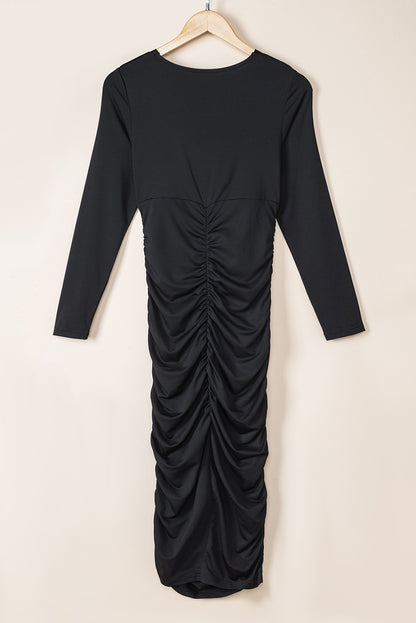Black Long Sleeves Wrap V Neck Ruched Sheath Midi Dress