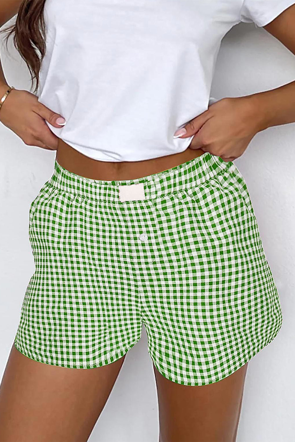 Fern Green Gingham Printed High Waist Shorts