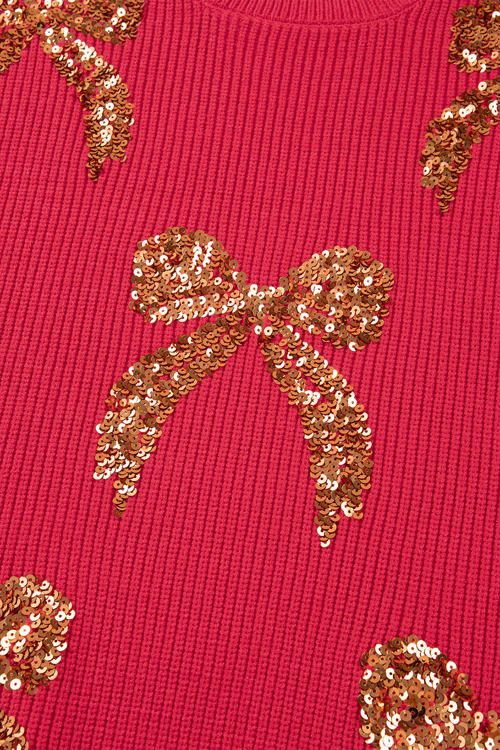 Fiery Red Sequin Bow Accent Drop Shoulder Festive Sweater