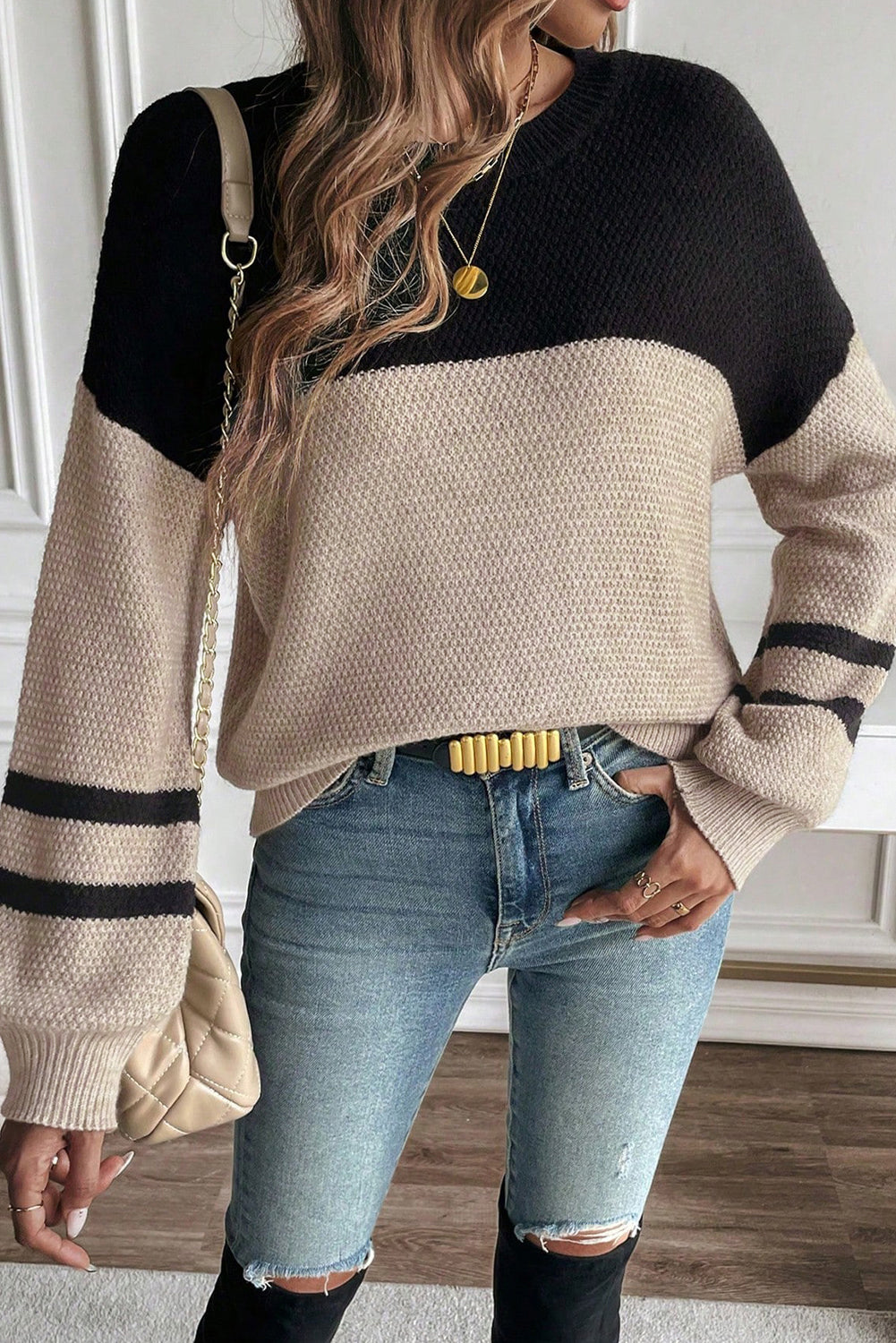 Parchment Color Block Knit Striped Sleeve Detail Casual Sweater