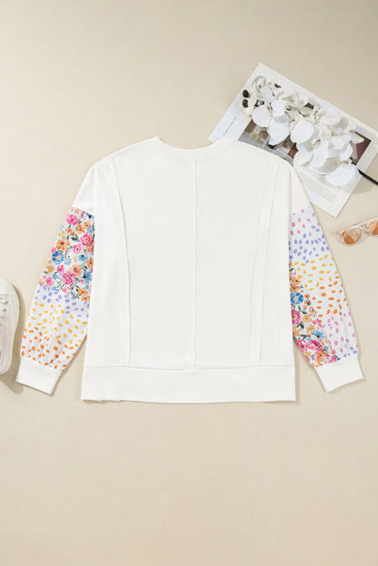 White Plus Size Exposed Seam Detail Contrast Dot Floral Patchwork Sleeve Sweatshirt