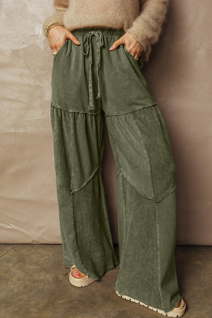 Vineyard Green Mineral Wash Tiered Wide Leg Patchwork Drawstring Pants