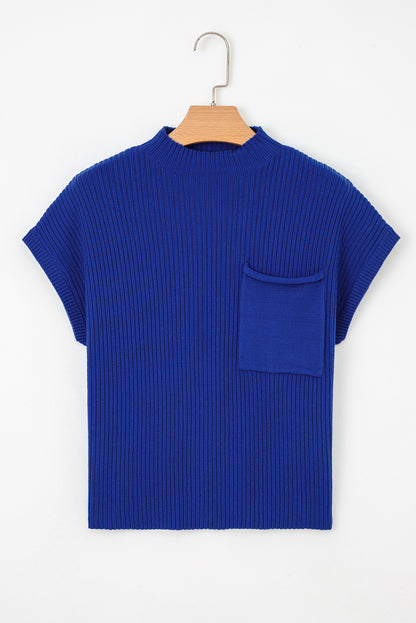 Dark Blue Patch Pocket Ribbed Knit Short Sleeve Sweater
