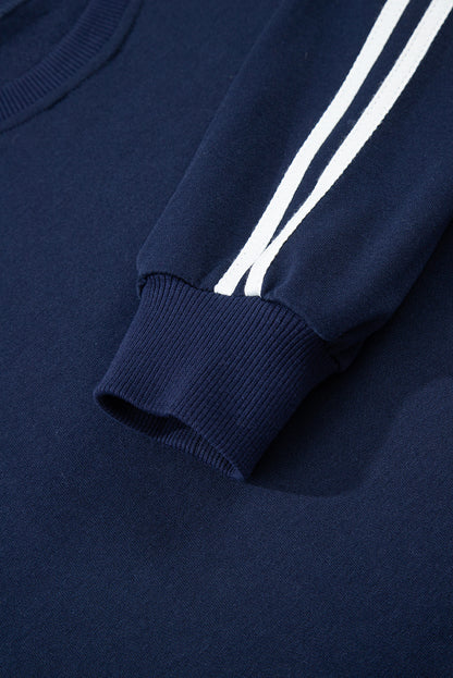 Dirty blue Varsity Striped Detail Crewneck Pullover Elastic Sweatpants 2pcs Outfit