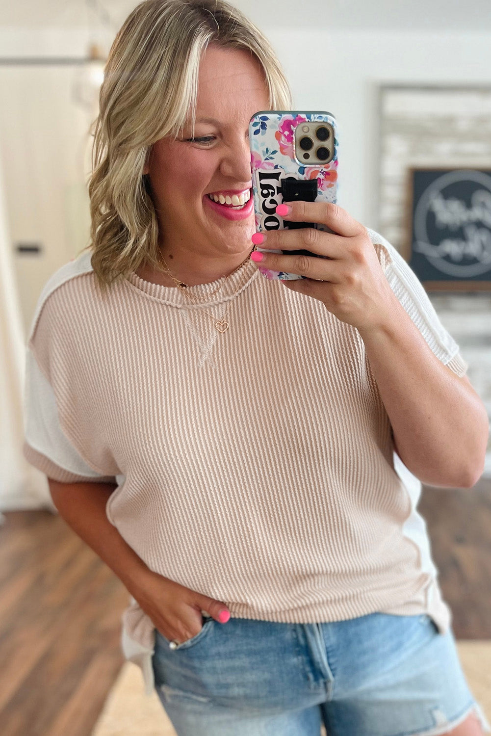 Parchment Twist Rib Colorblock Hi Low Plus Size Short Sleeve Top