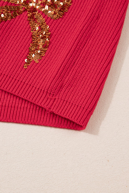 Fiery Red Sequin Bow Accent Drop Shoulder Festive Sweater