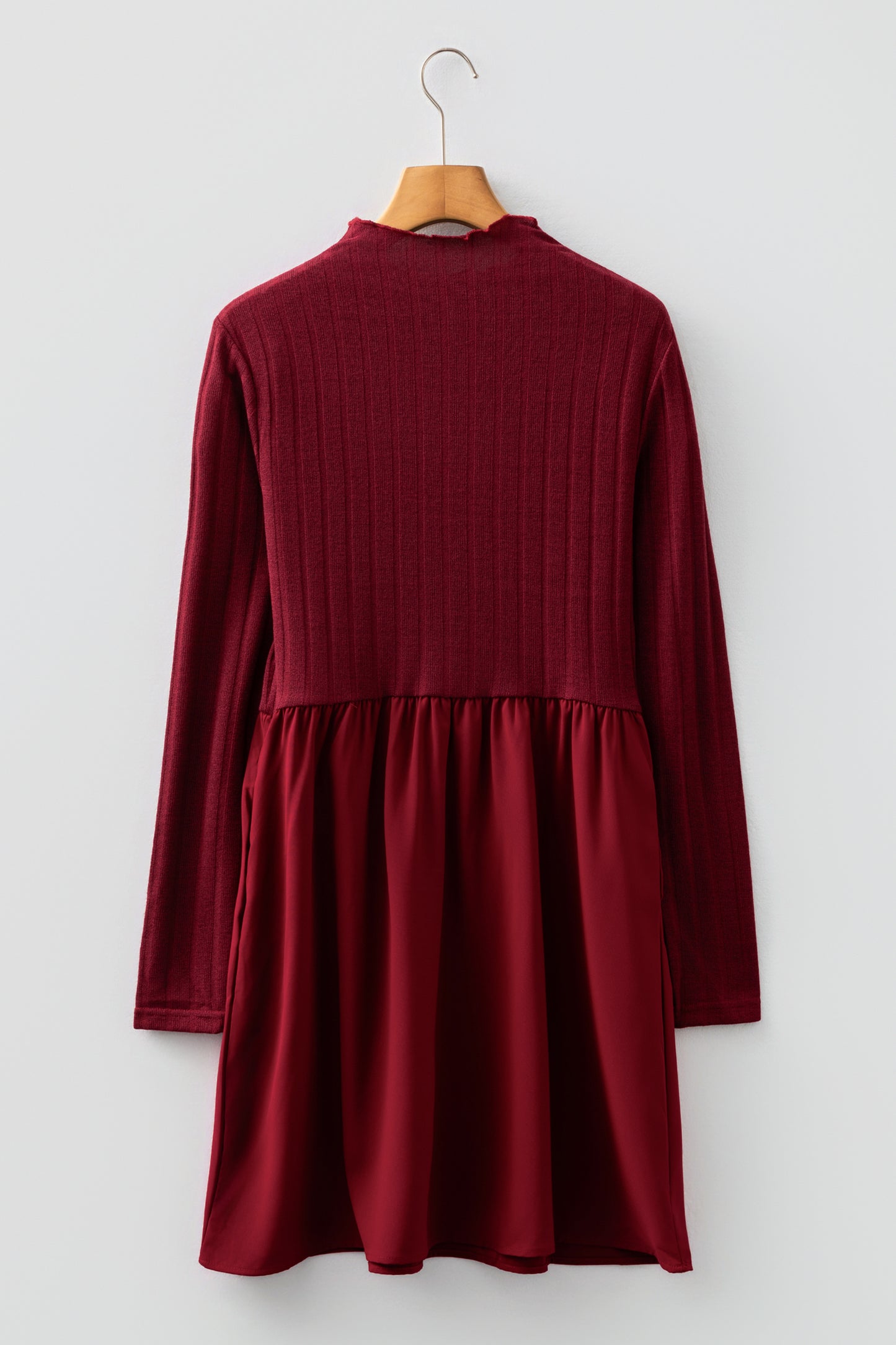 Red Dahlia Frilled Neck Ribbed Knit Patchwork Long Sleeve Mini Dress