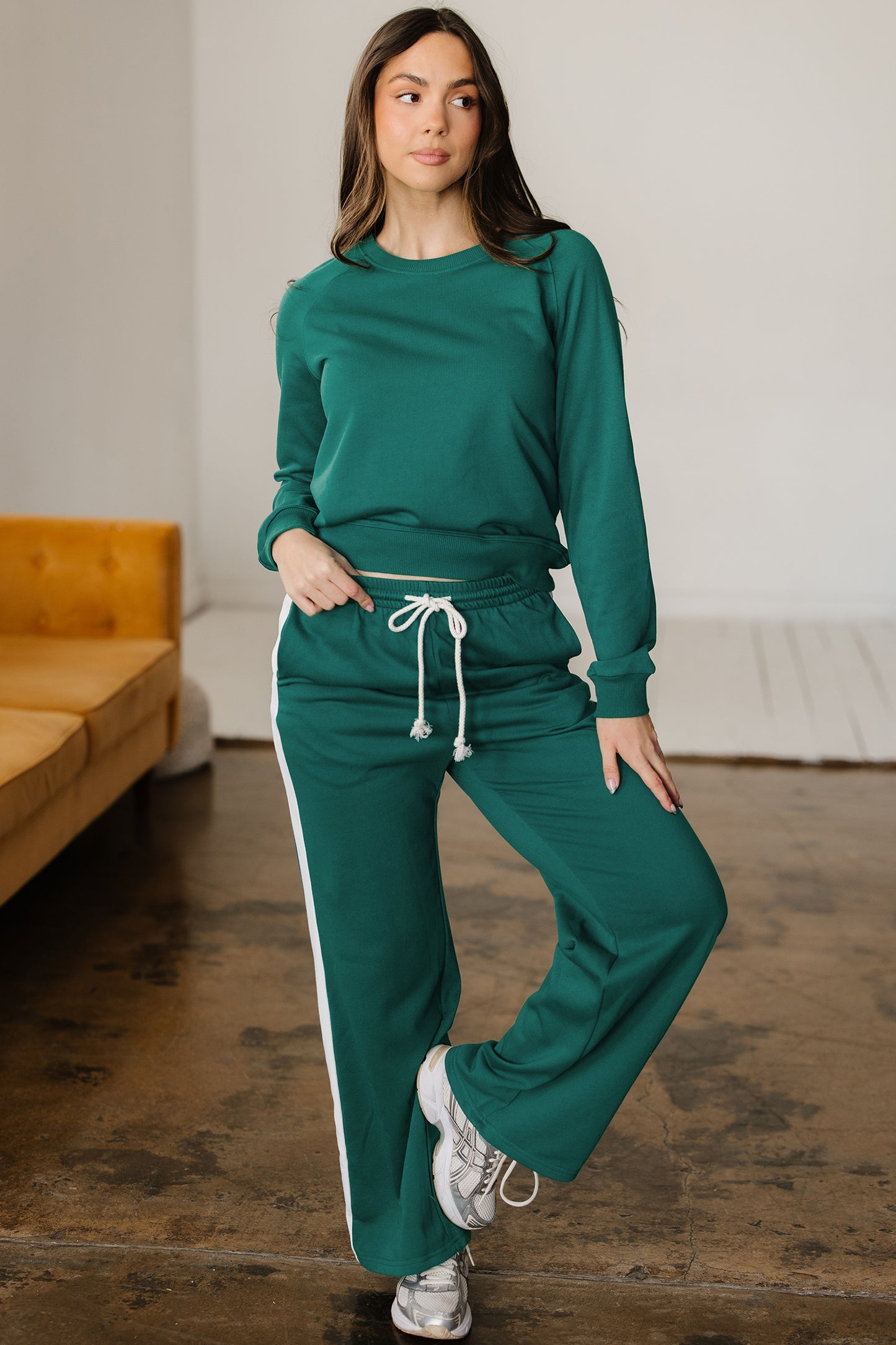 Sea Green Solid Color Pullover Top Varsity Stripe Detail Loose Drawstring Pants Set