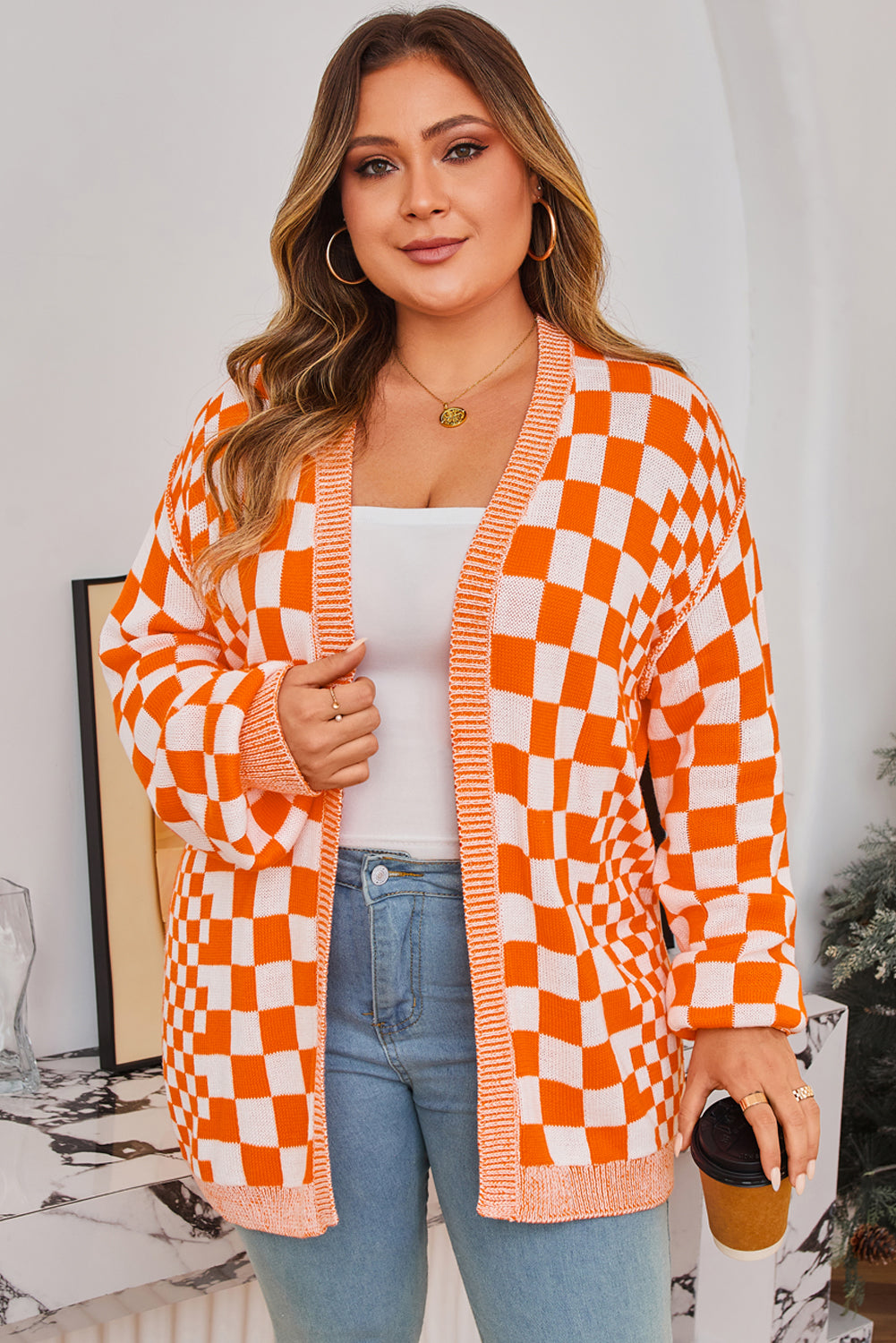 Orange Plus Size Checkered Bubble Sleeve Drop Shoulder Open Cardigan