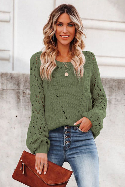 Green Hollow-out Puffy Sleeve Knit Sweater